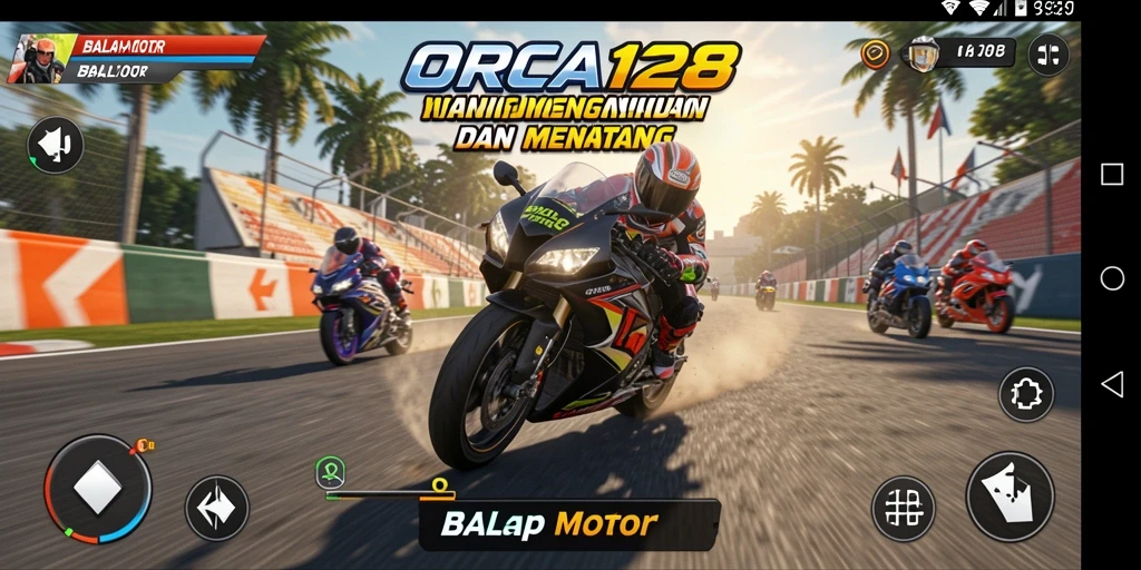 Tampilan antarmuka ORCA128 dengan aksi balap motor yang seru.